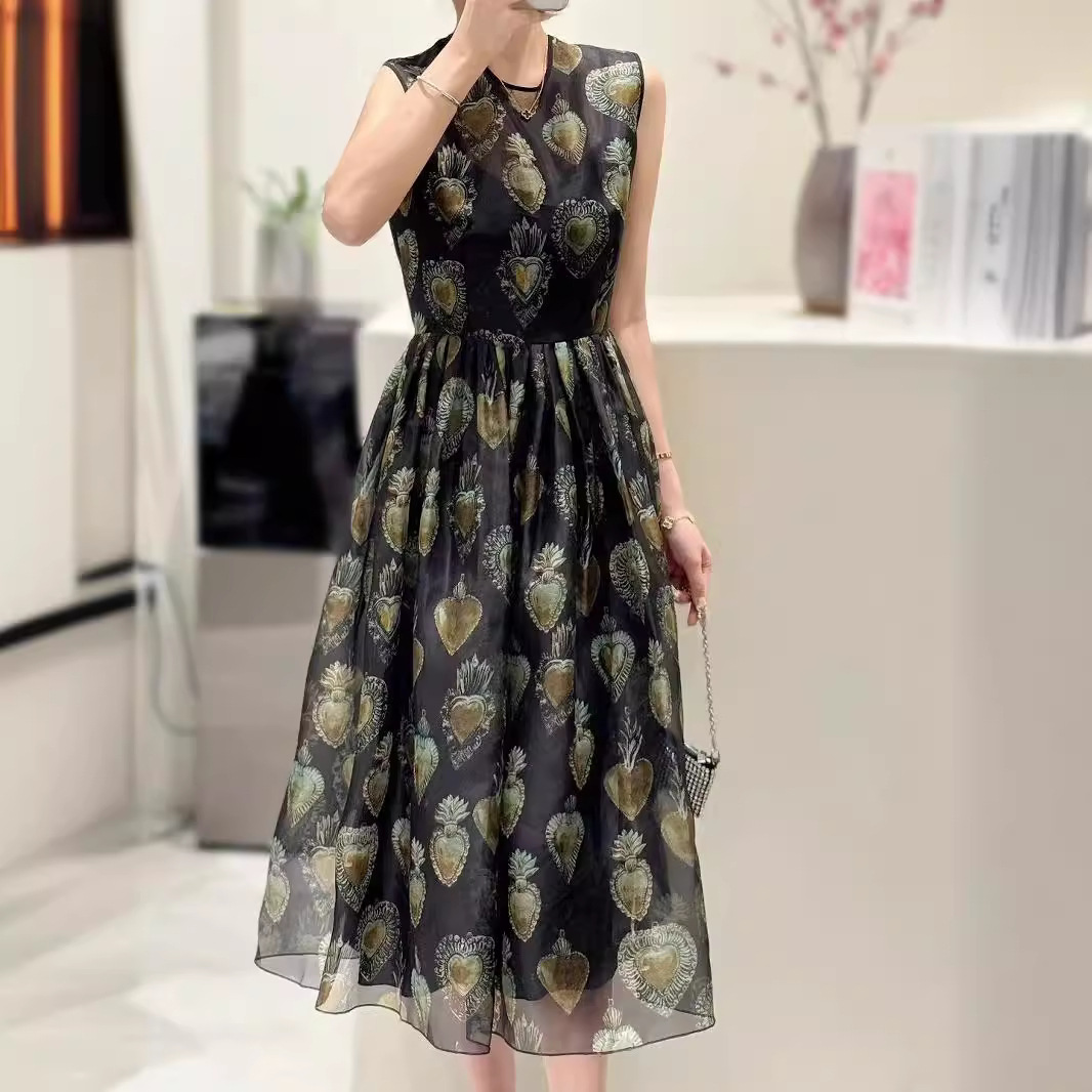 24夏季真丝欧根纱圣心印花两件套中长裙圆领无袖过膝大摆连衣裙女