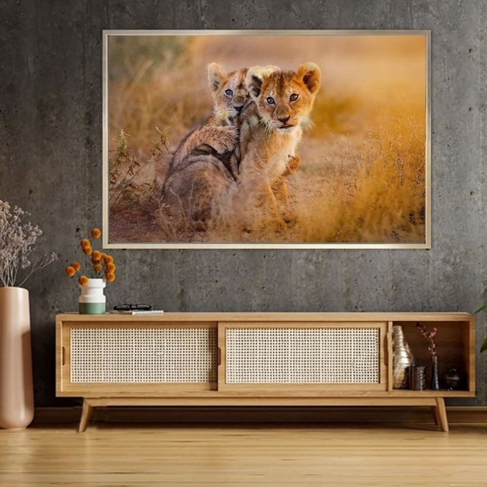 壁画轻奢房间现代装饰画钢化玻璃画非洲动物超萌超可爱的狮子