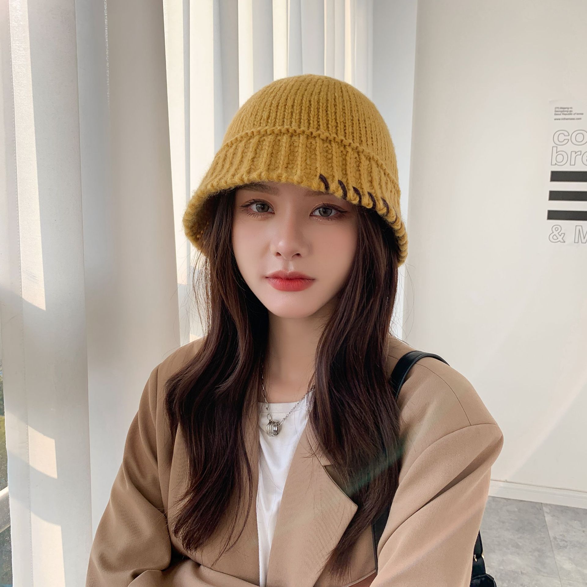 超洋气韩国手工钩针毛线水桶帽子女秋冬复古百搭保暖穿线渔夫帽潮