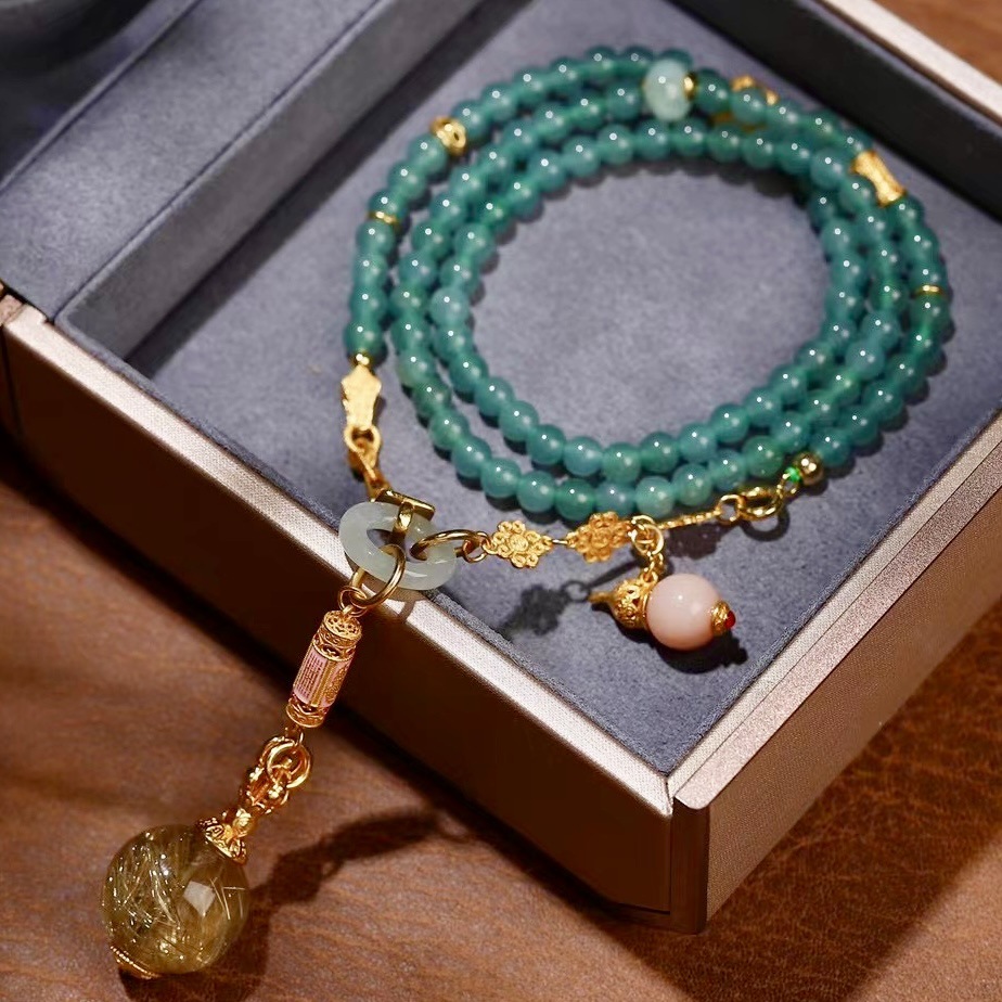 天然蓝水翡翠圆珠项链女金发晶吊坠925银厚镀24k金粉澳宝跑环多宝