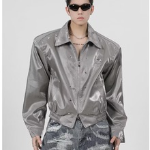 小众液态金属设计高街级感垫肩外套男女短款翻领痞帅宽松夹克上衣