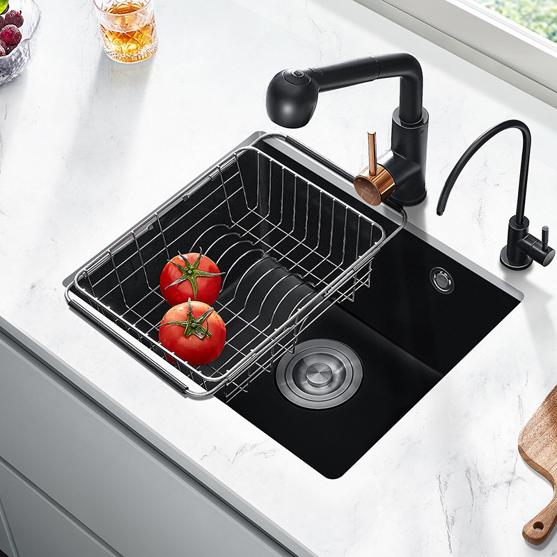 悍高厨房石英石水槽白黑色小单槽洗菜池洗碗盆台上下盆沥水篮套餐