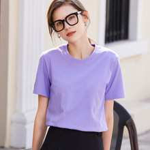 纯棉紫色T恤女短袖纯色宽松韩版打底全棉体恤衫百搭夏季半袖上衣