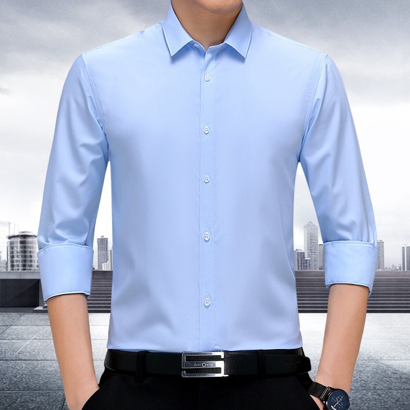 品牌春秋季新款桑蚕丝长袖衬衫男士商务正装无痕免烫抗皱纯色衬衣