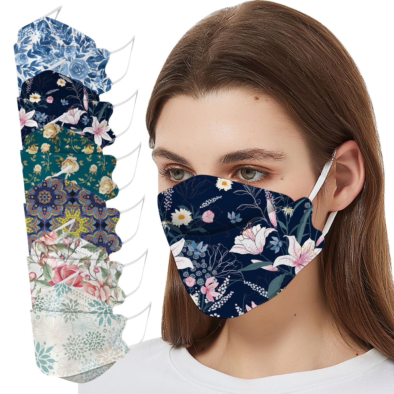 kf94鱼嘴形成人印花口罩 四层个性花朵防尘防护透气口罩现货