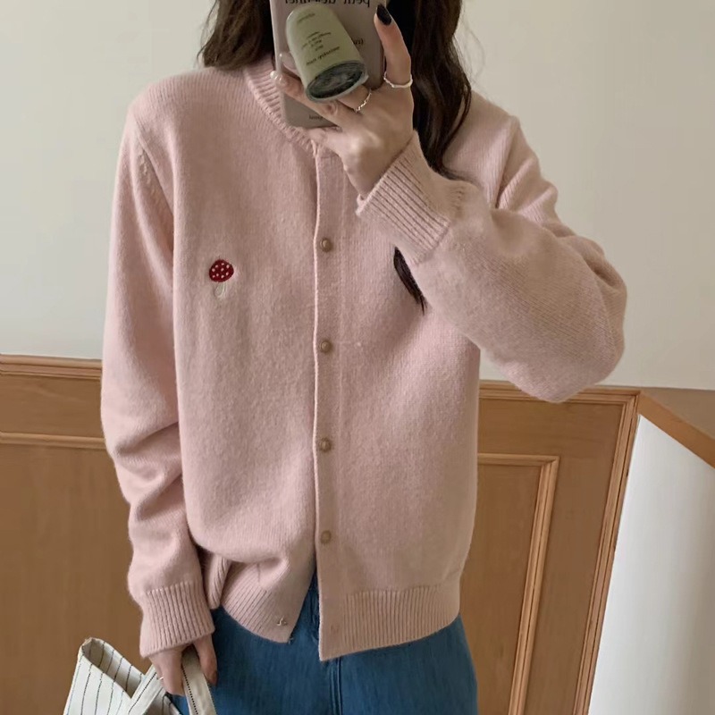 小蘑菇刺绣圆领毛衣开衫女2024春秋新款软糯韩系纯色针织衫外套t1