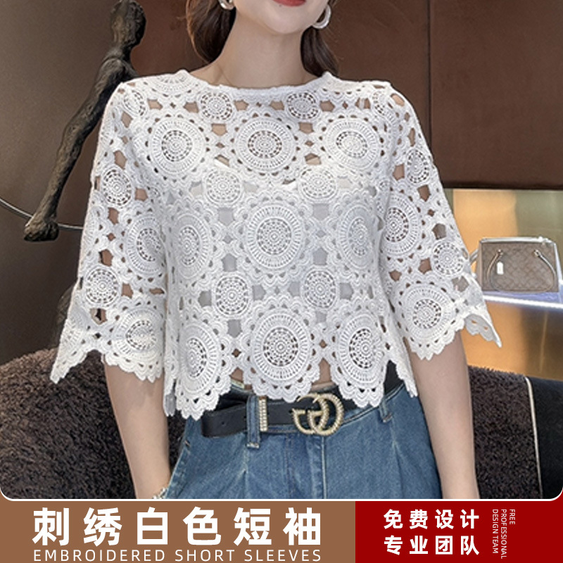 新款蕾丝衫上衣 m家夏女装法式气质镂空刺绣白色短袖t恤上衣现货