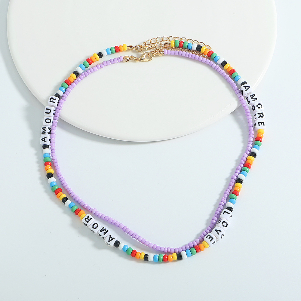 韩国复古潮搭字母项链 经典双层叠戴彩色米珠珠串锁骨链套装配饰
