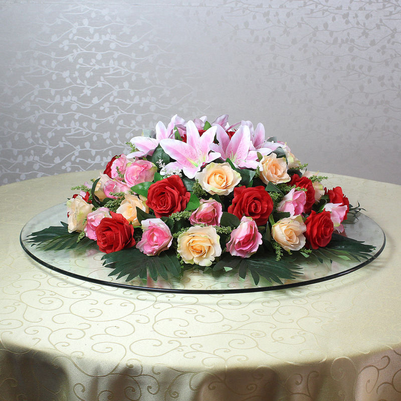 酒店餐桌转盘花餐厅圆桌摆花饭店桌面装饰台花仿真花圆形假花摆件