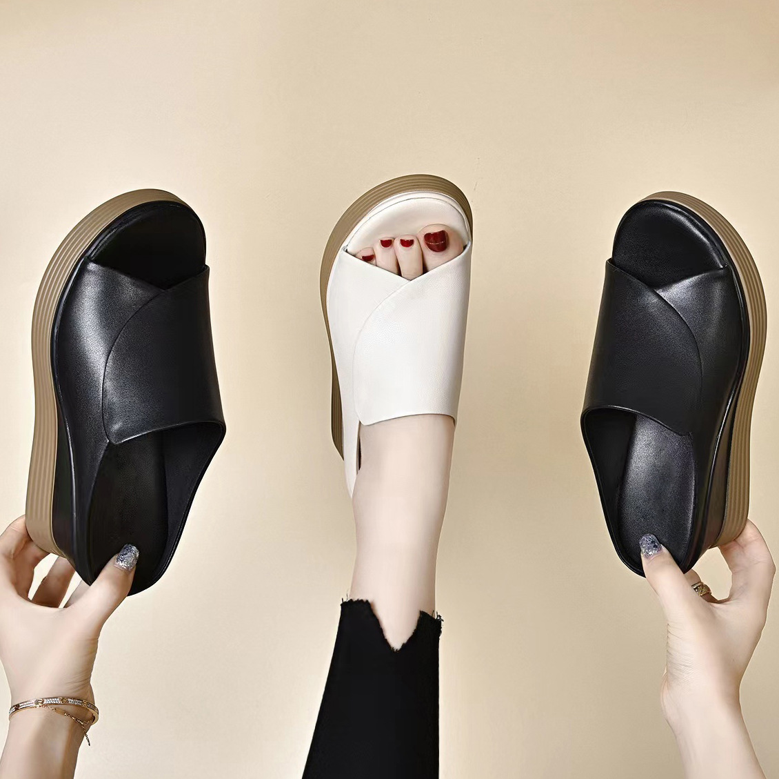 厚底鱼嘴鞋真皮坡跟凉拖女百搭松糕底凉拖鞋中跟夏外穿白色一字拖