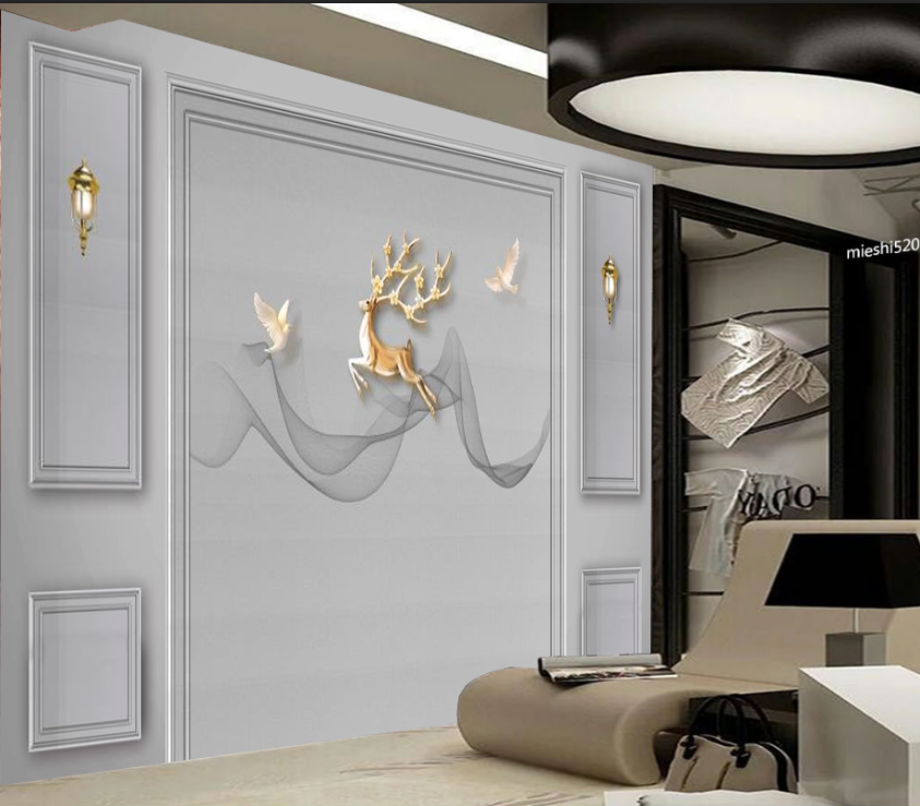 北欧麋鹿五宫格造型简约壁画电视背景墙壁纸客厅沙发灰色影视墙布