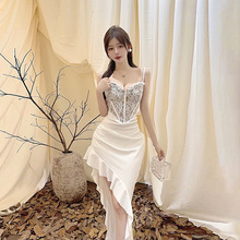 韩国chic秋季纯欲蕾丝拼接高腰荷叶边包臀不规则气质吊带连衣裙女