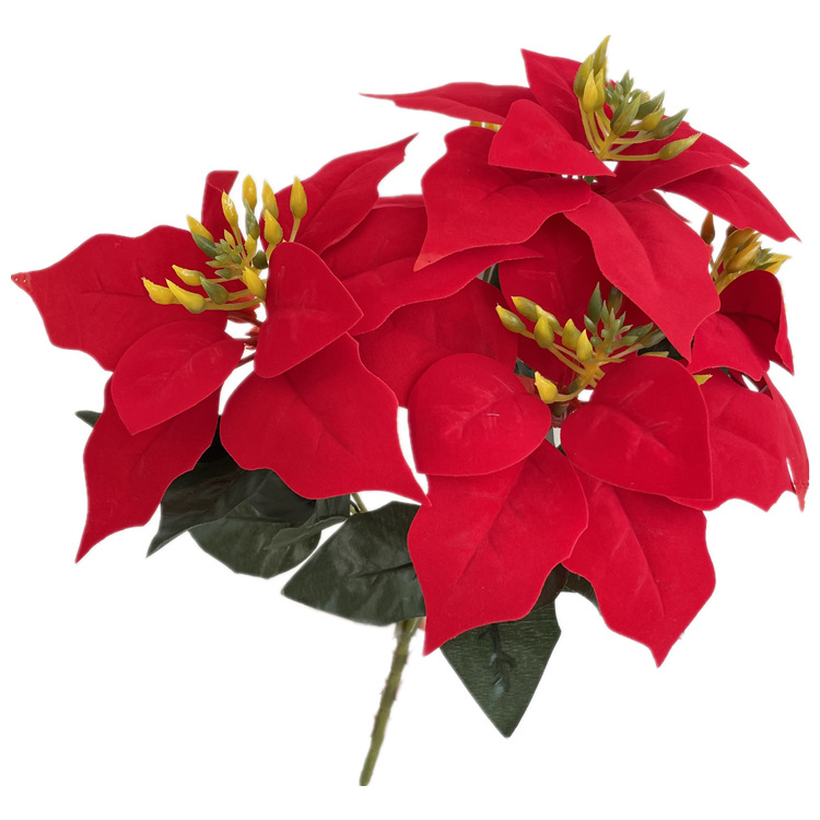 Artificial Poinsettia Flannelette Fake Flower Wedding Artificial Christmas Red Silk Flower Ornaments Decorative Home Display Fake Flower