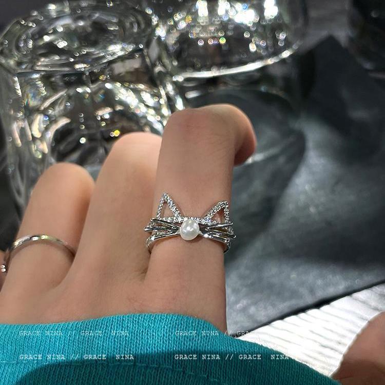 Cute Cat Ring Women's Non-Fading Light Luxury Minority Design Switchable Index Finger Ring Personality Ins Fashion Couple's Ring