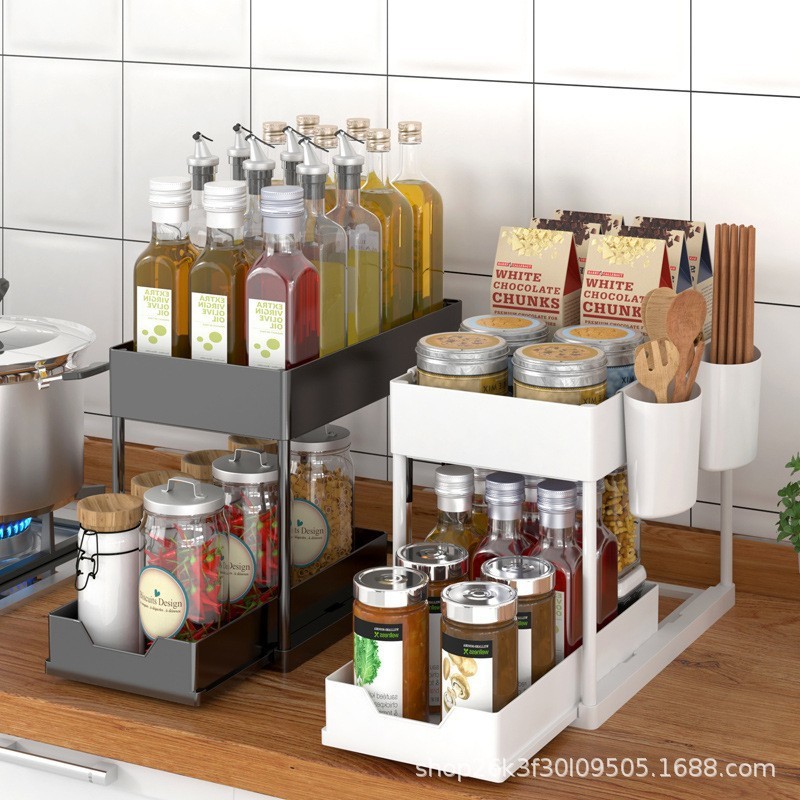 Amazon Plastic Double-Layer Kitchen Countertop Bathroom Seasoning Cabinet Sink Storage Storage Rack Factory Wholesale