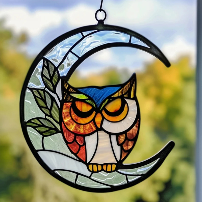猫头鹰彩色玻璃图案 月亮彩色玻璃图案 diy suncatcher 家居装饰