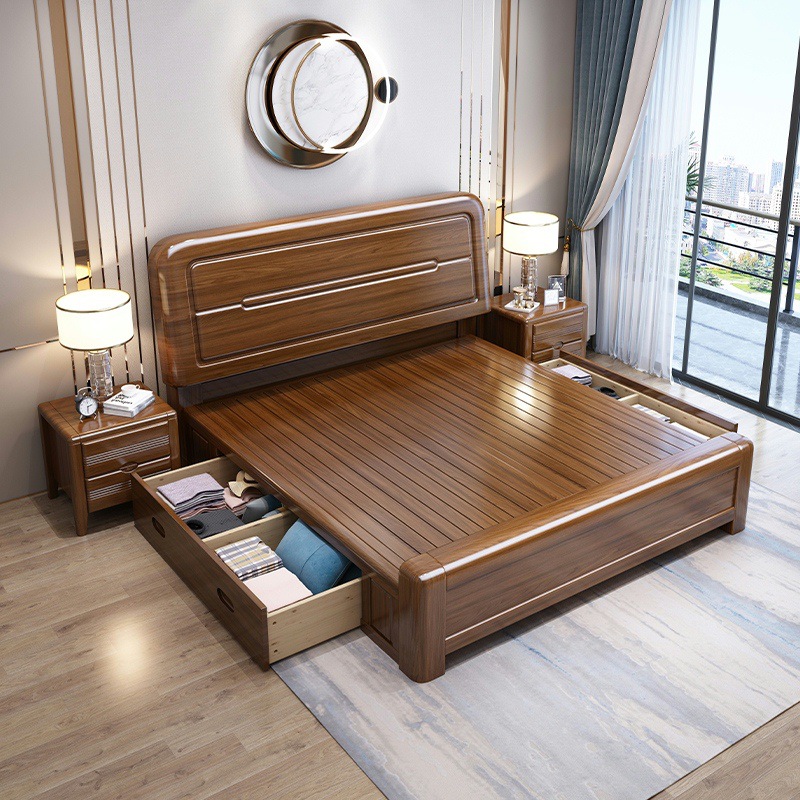 胡桃木实木床1.8米双人床主卧大床中式1.5m工厂直销床储物床木床