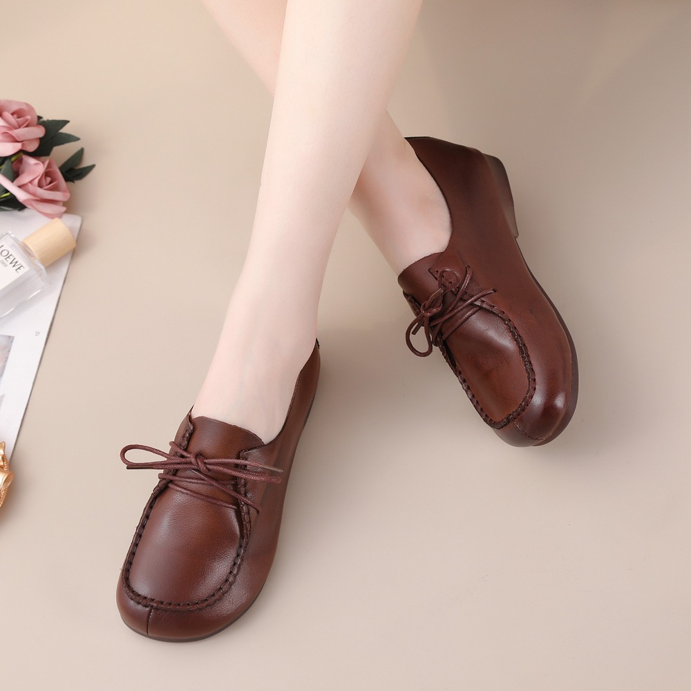 冬款女真皮休闲低帮棕色sgs粘胶鞋圆头现货纯色小皮鞋