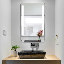 黑色不锈钢框镜子北欧简约浴室镜子带置物架卫生间方形镜子壁挂洗