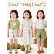 女童夏季套装童趣猫咪印花连衣裙儿童新款上衣短裤童装两件套