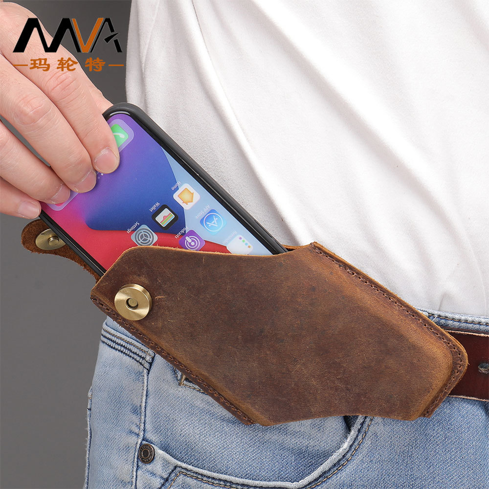 跨境疯马皮手机包穿腰带男士腰包简约定型头层牛皮手机小跨包男包