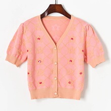 m5021春夏新款撞色提花亮片花心泡泡袖短袖V领针织开衫女式