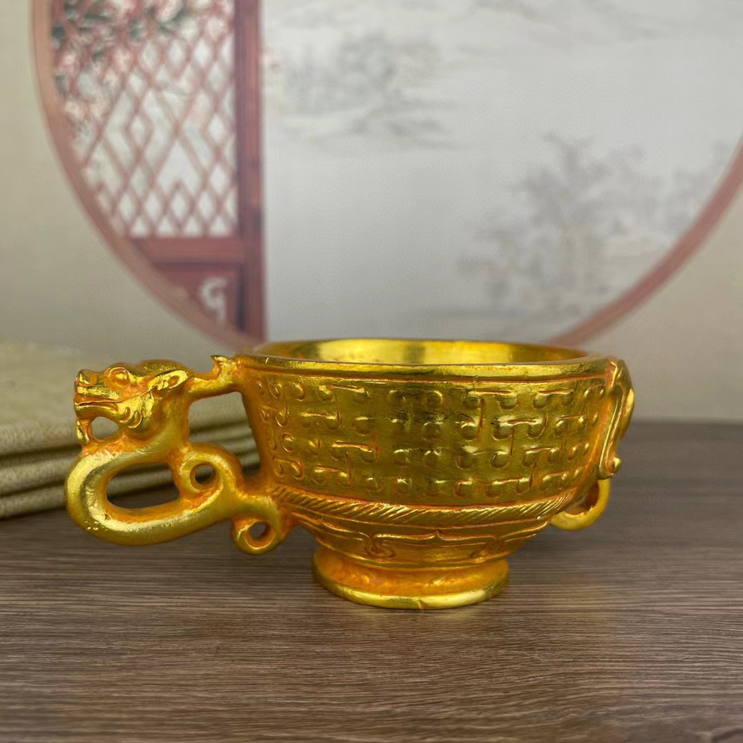 古董古玩杂项旧货收藏锌合金龙耳象尾鎏金铜杯酒杯收藏家居装饰