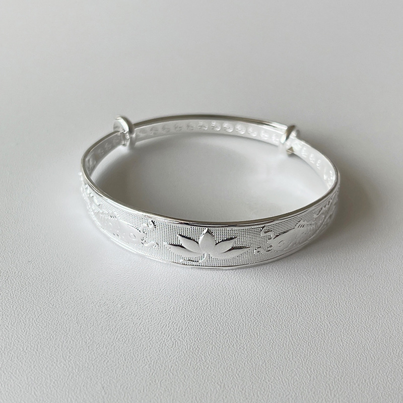 欧美时尚双鱼莲铜镀银手镯女推拉宽面双鱼戏莲花手环首饰礼品批发