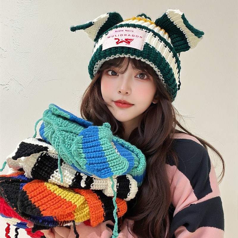 Korean Niche Design Contrast Color Cute Cat Ears Autumn and Winter Woolen Hat Thickened Warm Knitted Hat Children Beanie Hat