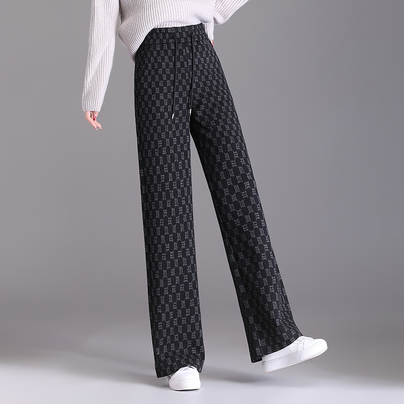 Chessboard Plaid Wide-Leg Pants for Women Autumn and Winter 2023 New High Waist Drooping Small Casual Mopping Plaid Woolen Pants