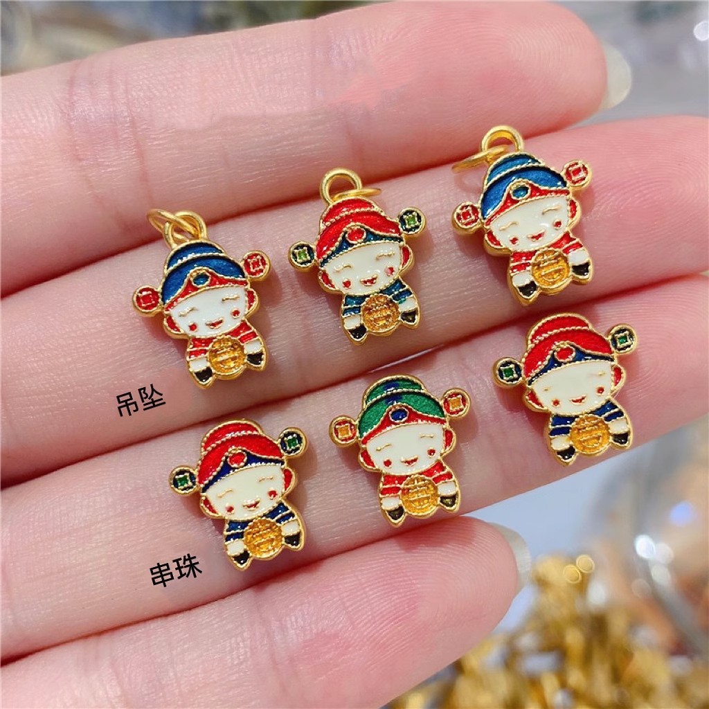 黄金国潮烧蓝转运珠足金999吉祥吊坠吉星高照小男女-阿里巴巴