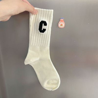 Socks Women's Mid Tube Stockings Autumn and Winter New Ins Fashionable Outdoor Shark Panty-Hose C Letter Personality All-Match Long Tube