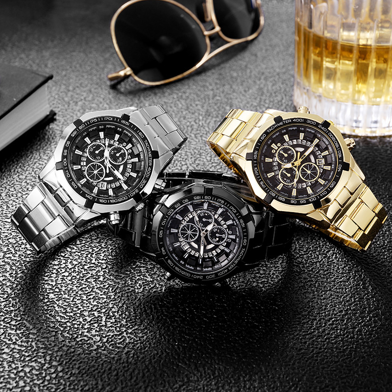 Foreign Trade Watch Men's Steel Belt Three Eyes and Six Needles Luminous Calendar Men's Watch Sports Imitation Mechanical Watch Waterproof Quartz Watch Men