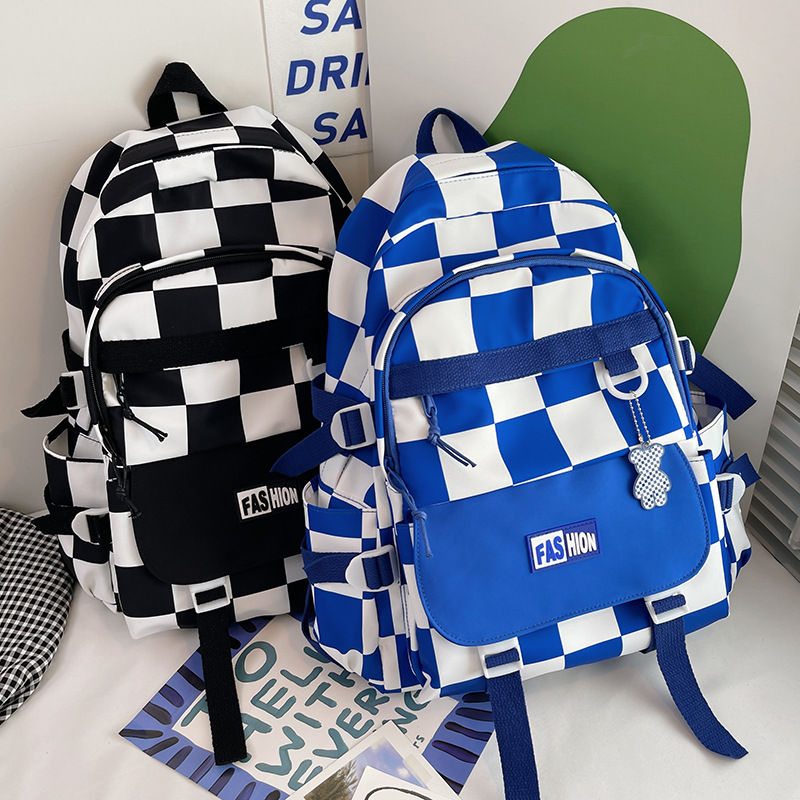 2022 New Chessboard Plaid Contrast Color Backpack for Middle School Students School Bag Large Capacity Schoolbag Simple Backpack