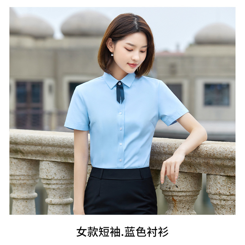 Slim-Fitting Iron-Free Business Wear Short Sleeve Women's Shirt Teacher Work Clothes Hotel Business Blue White and Gray Shirt