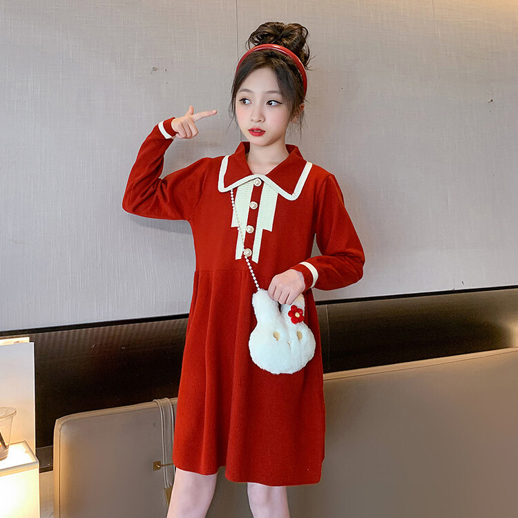 红色加厚童连衣裙女童秋冬裙中大童针织裙新年裙子拜年服跨境代发
