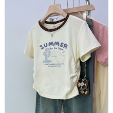 棉正肩短袖T恤女夏季小众设计感修身显瘦撞色短款上衣收腰小衫