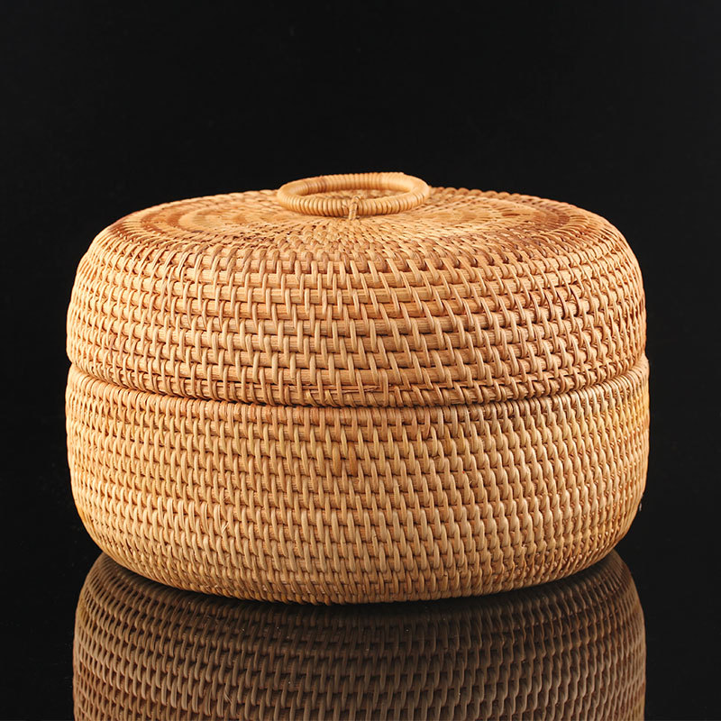 越南藤编织收纳篮家用客厅桌面茶饼盒糖果零食盒子收纳盒编花带盖
