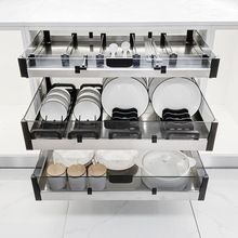 KBQ1厨房橱柜304不锈钢双层拉篮抽屉式碗碟篮三层碗盘锅具收纳架