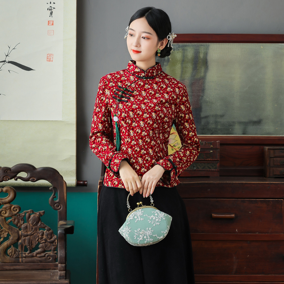 民国风女装双层中式唐装上衣长袖旗袍短外套改良汉服秋冬茶艺服装