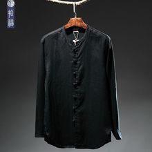 中国风男青年亚麻衬衫宽松长袖上衣复古中式纯麻衬衣棉麻打底衫春