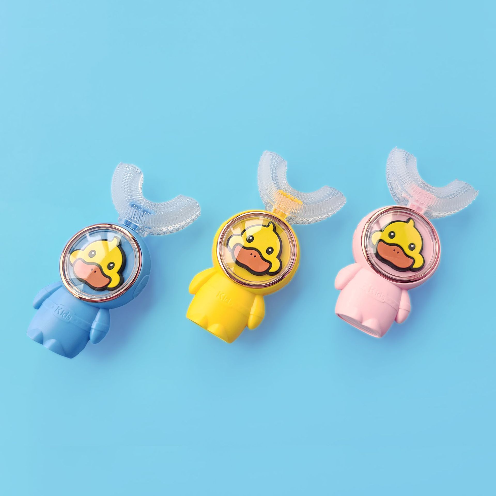 duck小黄鸭星际太空人儿童u型牙刷 卡通透明硅胶小刷头牙刷
