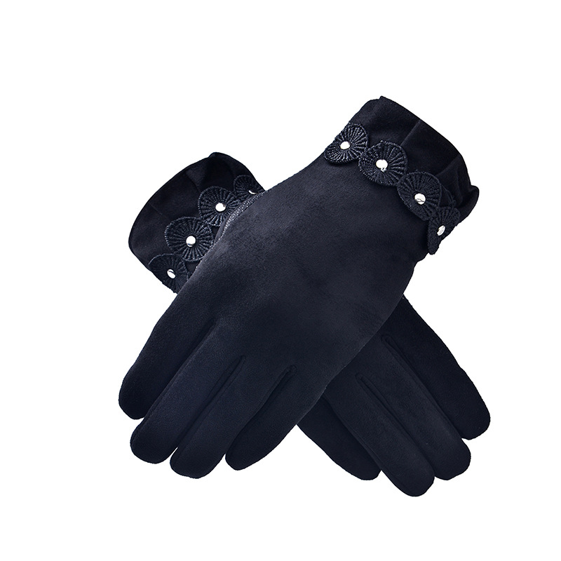 Solid Color Suede Gloves Women's Cold-Proof Warm Finger Cloth Gloves Four Flowers Decorative Outdoor Sports Riding Gloves