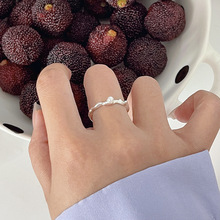 0005韩国原创小众熔岩设计感褶皱肌理珍珠戒指纯银S925女开口指环