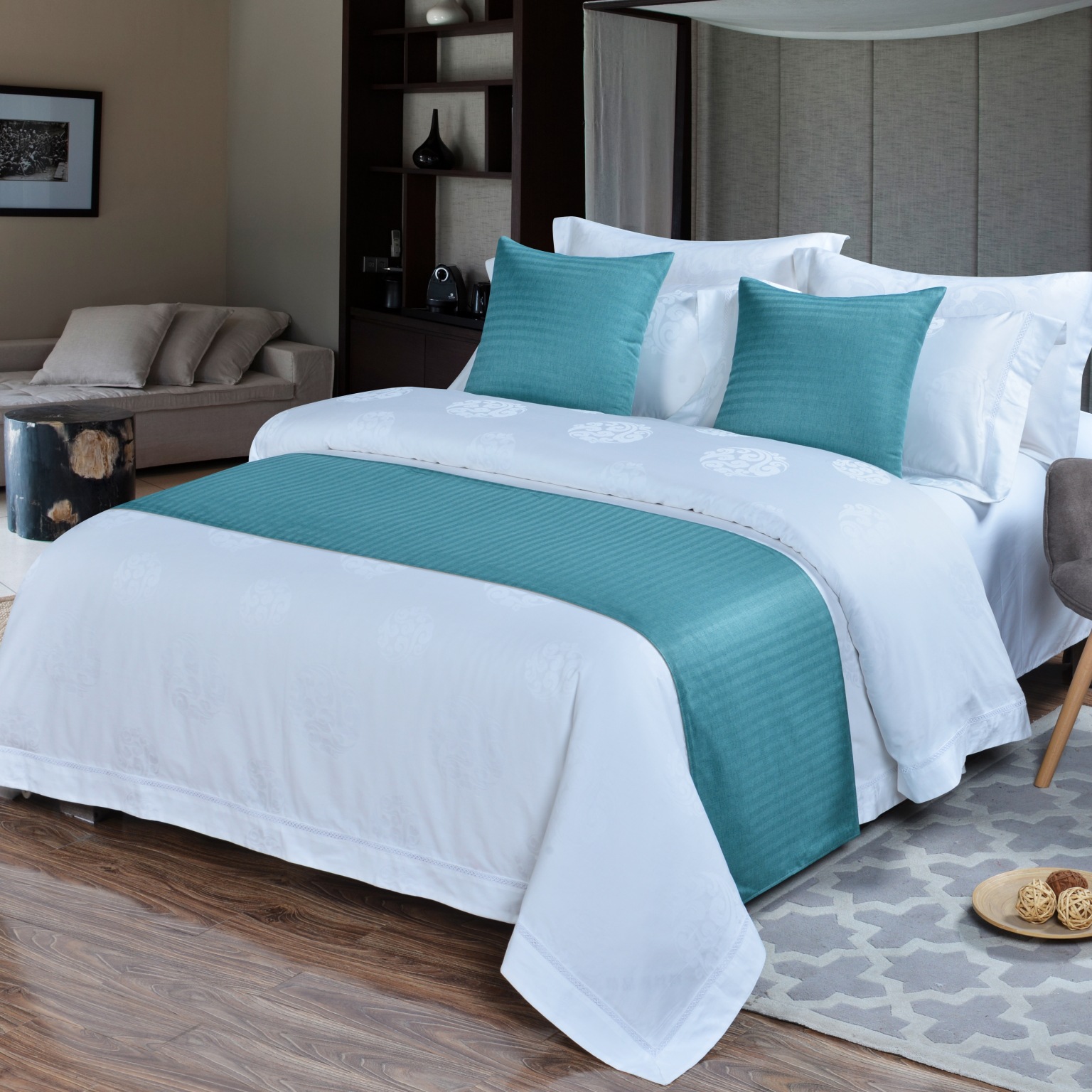 厂家直销 星级酒店宾馆床尾巾仿床旗简约现代纯色暗条仿麻抱枕靠