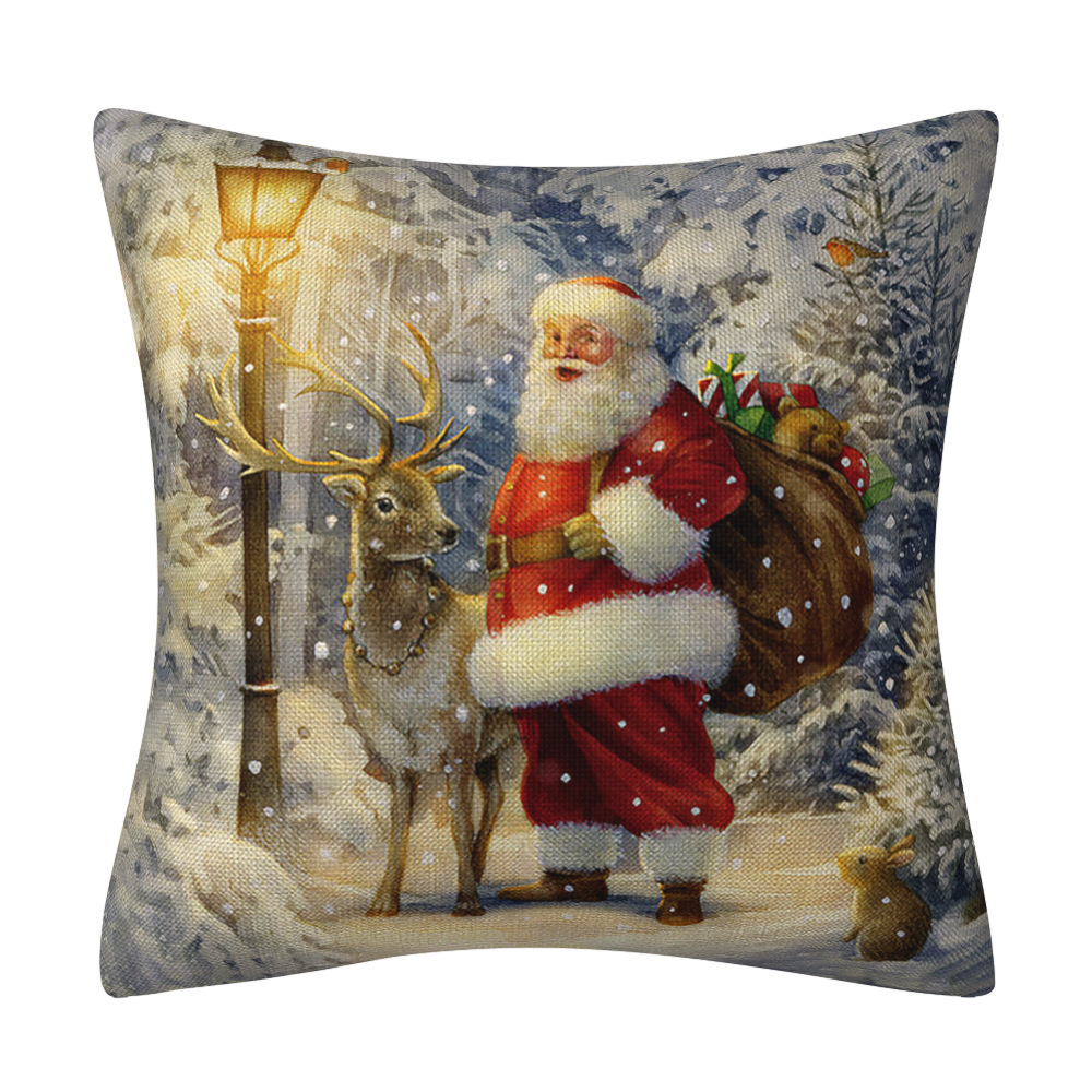 Santa Claus Truck Snow Scene Linen Pillow Cover Amazon European and American Holiday Home Ornament Pillow Cushion Cover