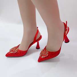 2025女士高跟鞋晚宴包套装尖头高跟凉鞋蝴蝶结镶钻手提包宴会包