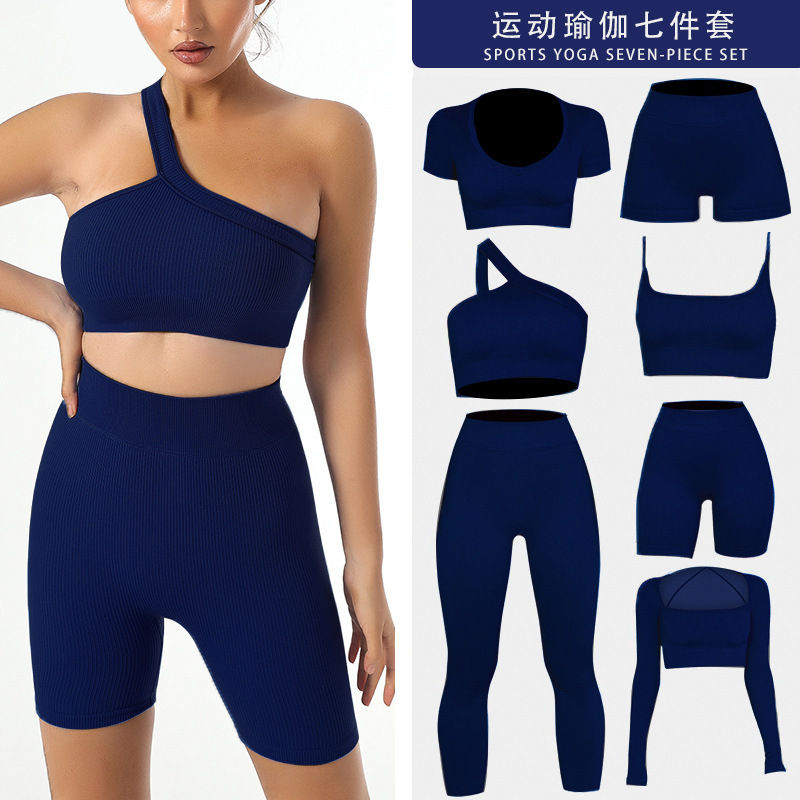 European and American Hot One Shoulder Bra Shoulder Straps Tight Hot Pants and Bermuda Shorts Body Long Sleeve Exercise Fitness Exercise Yoga Seven Piece Set
