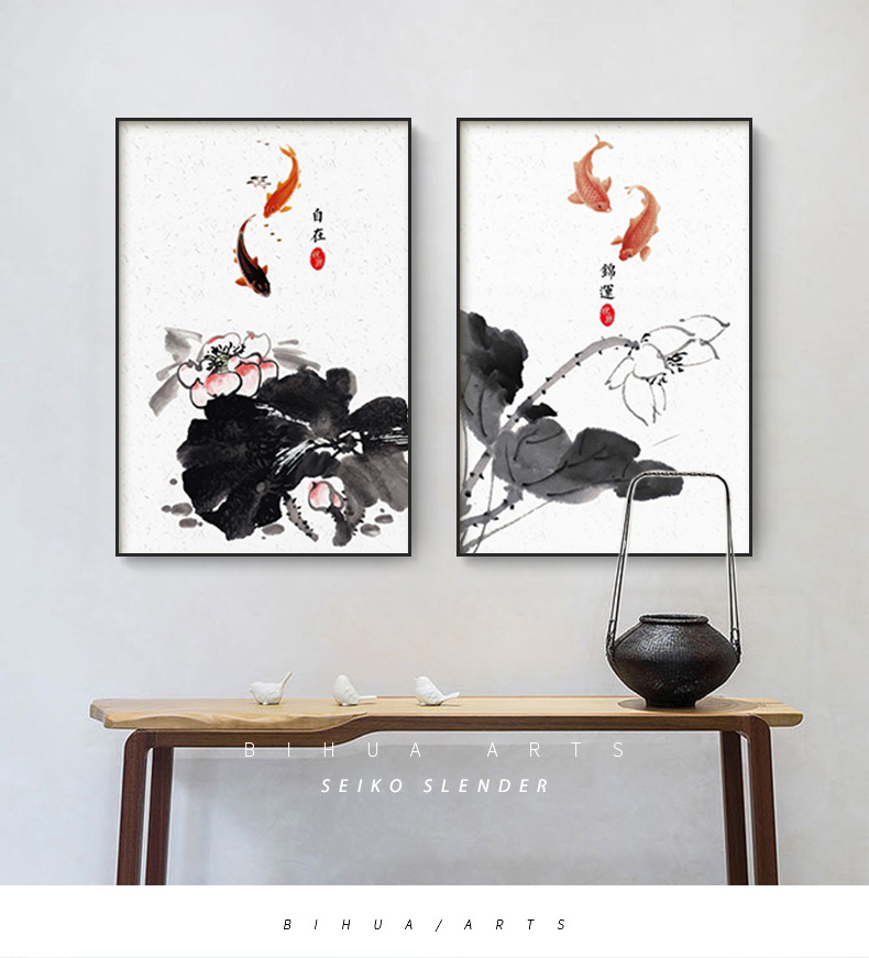 年年有余新中式装饰画客厅三联画墙面装饰品茶室酒店民宿装饰挂画