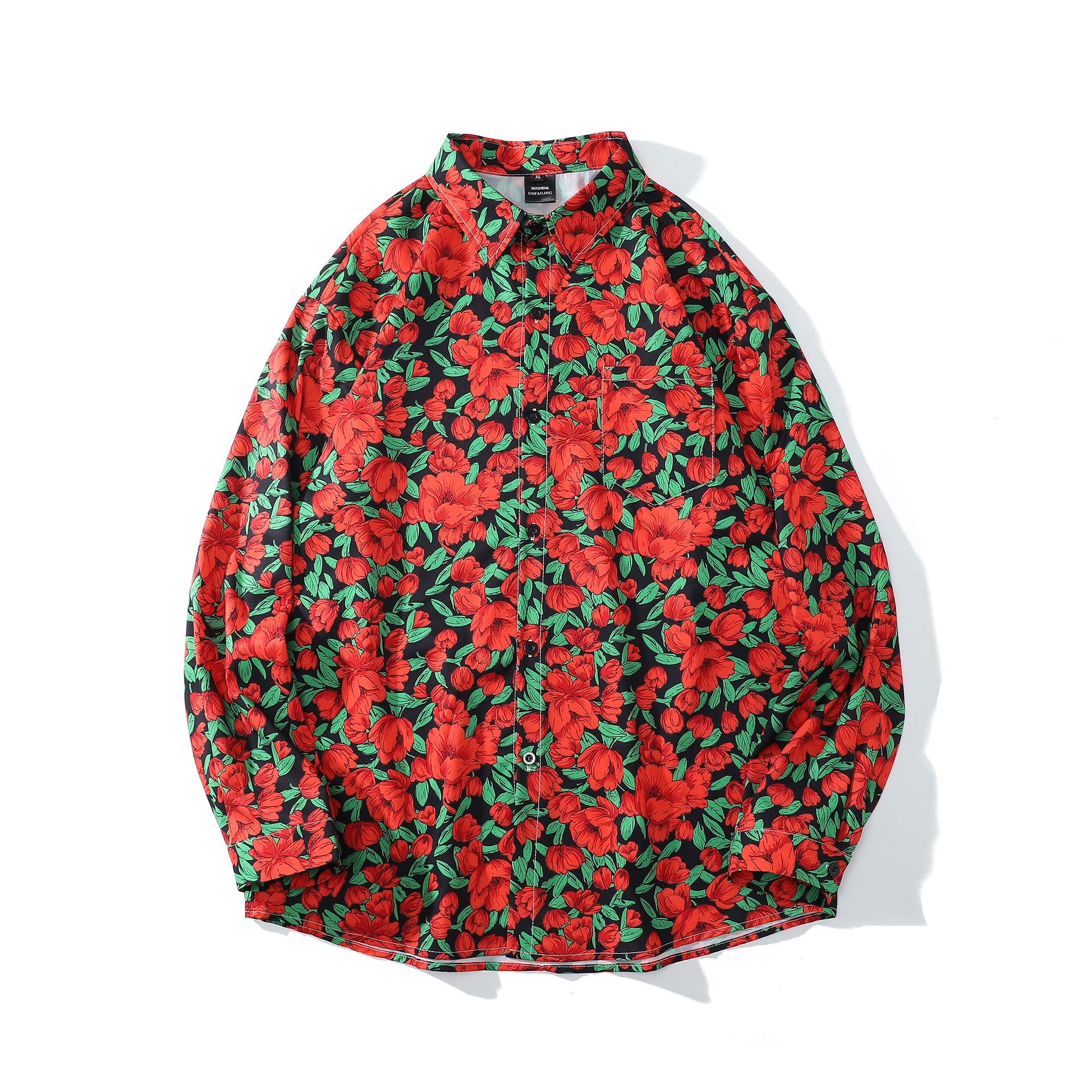 2022满印印花春秋红色花衬衣长袖港味复古休闲宽松碎花衬衫男女潮